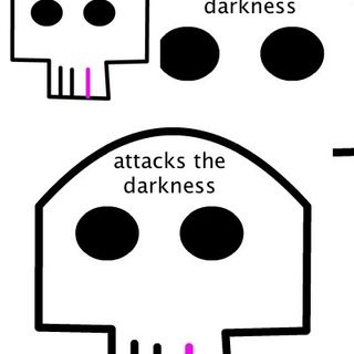 White background with 3 simple cartoon skulls that have a pink tooth and attacks the darkness is across the front
